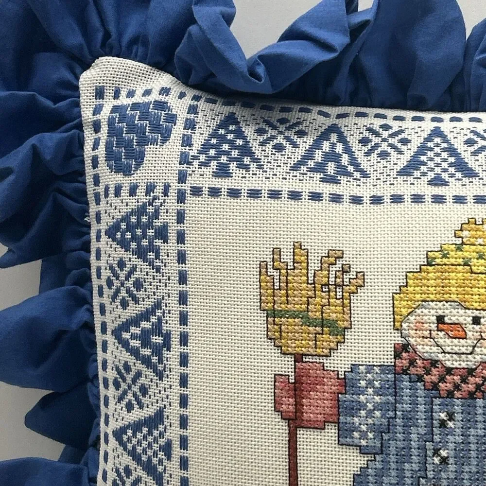 Vintage Handmade Snowman‎ With Broomstick Cross Stitch Throw Pillow EUC